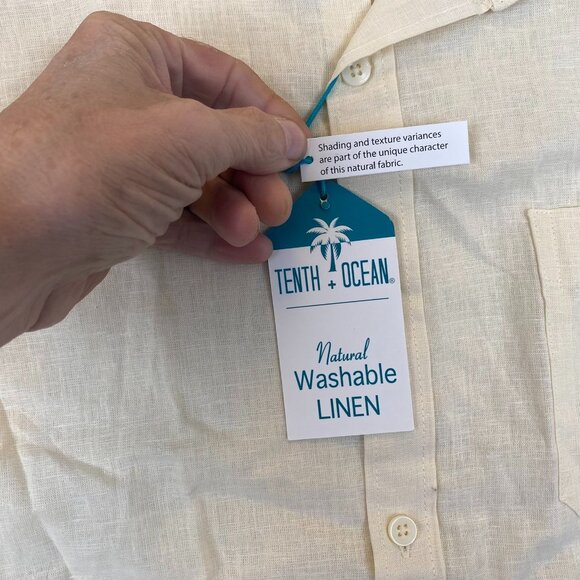 Tenth + Ocean Mens Shirt Large Short Sleeve Button Up Dull Yellow Washable Linen - Picture 8 of 14